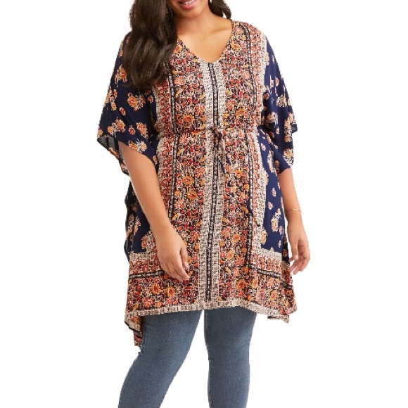 Light and Sound Tops - Boho Print Cinched Waist Kaftan Tunic